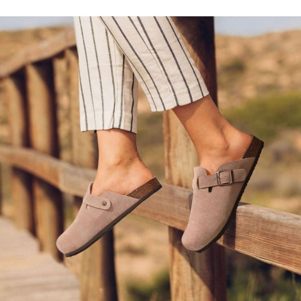 Suede Clogs Women Cork Footbed Sandals Leather Mules Potato Size